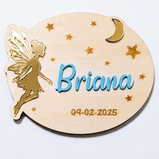 Natalicio Niña Hada y Luna, natalicio de madera y acrílico, natalicios de niña, regalos para recién nacidos, natalicio de niña personalizado con nombre y fecha nacimiento, natalicio de niña personalizado, natalicio chica personalizado,