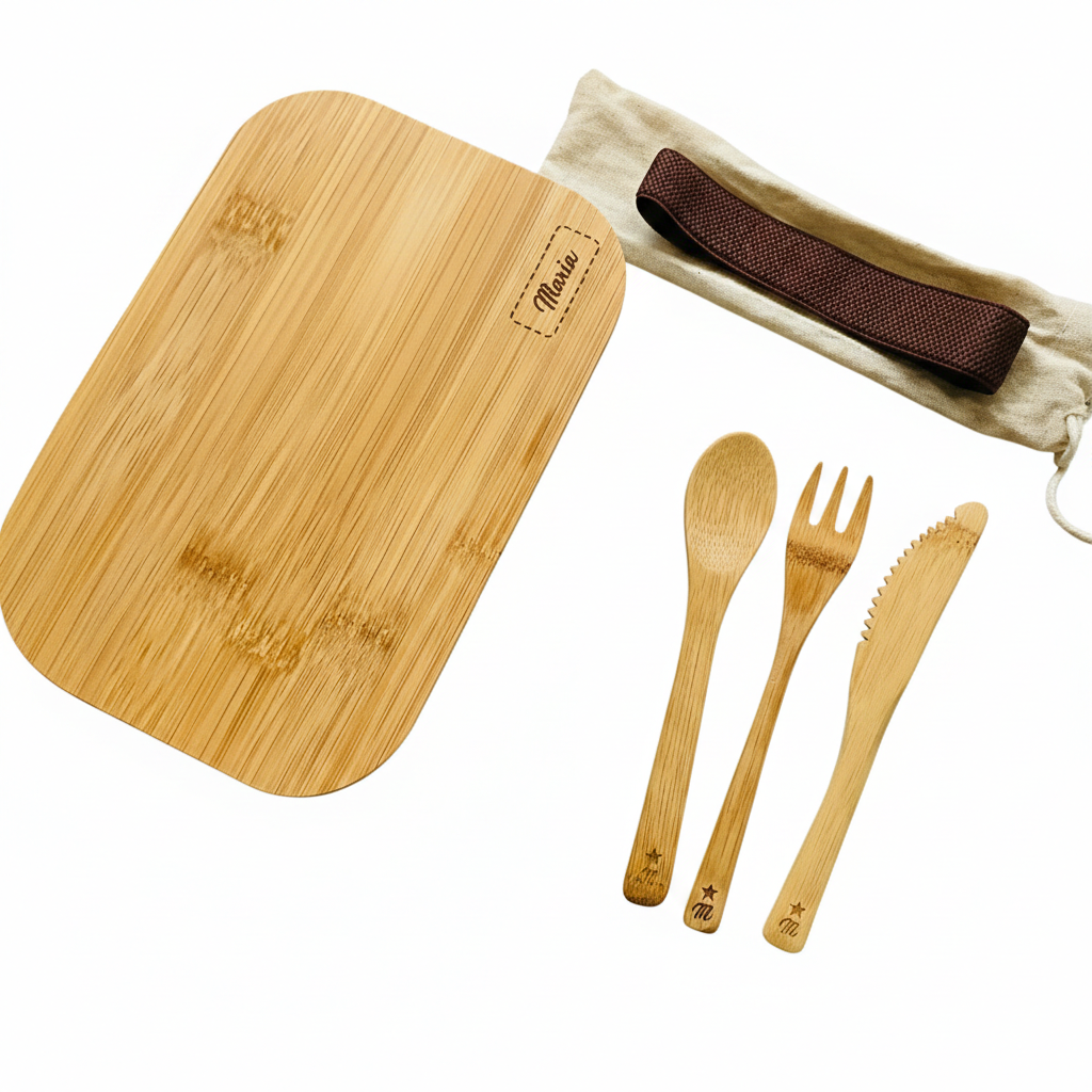 Fiambrera Bento + Cubiertos. Grabado Nombre en tapa y cubiertos.