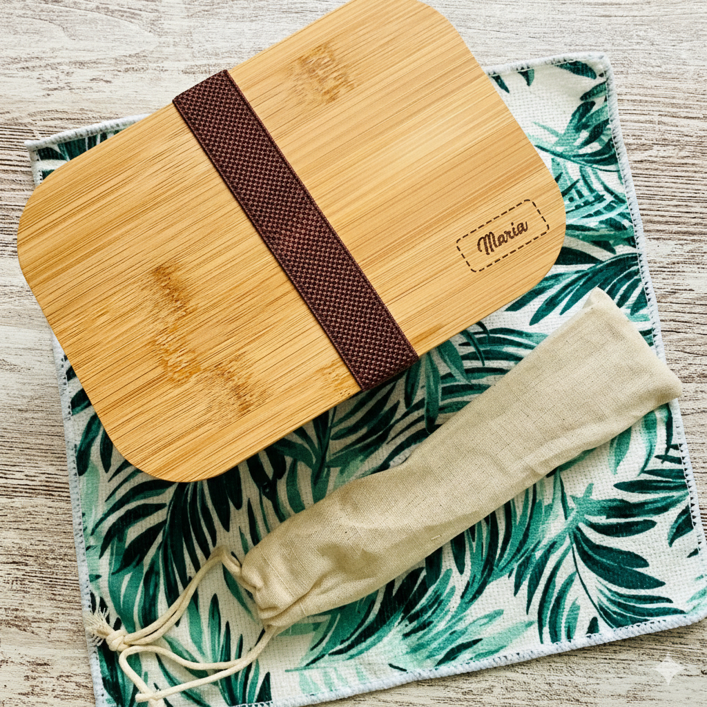 Fiambrera Bento + Cubiertos. Grabado Nombre en tapa y cubiertos.