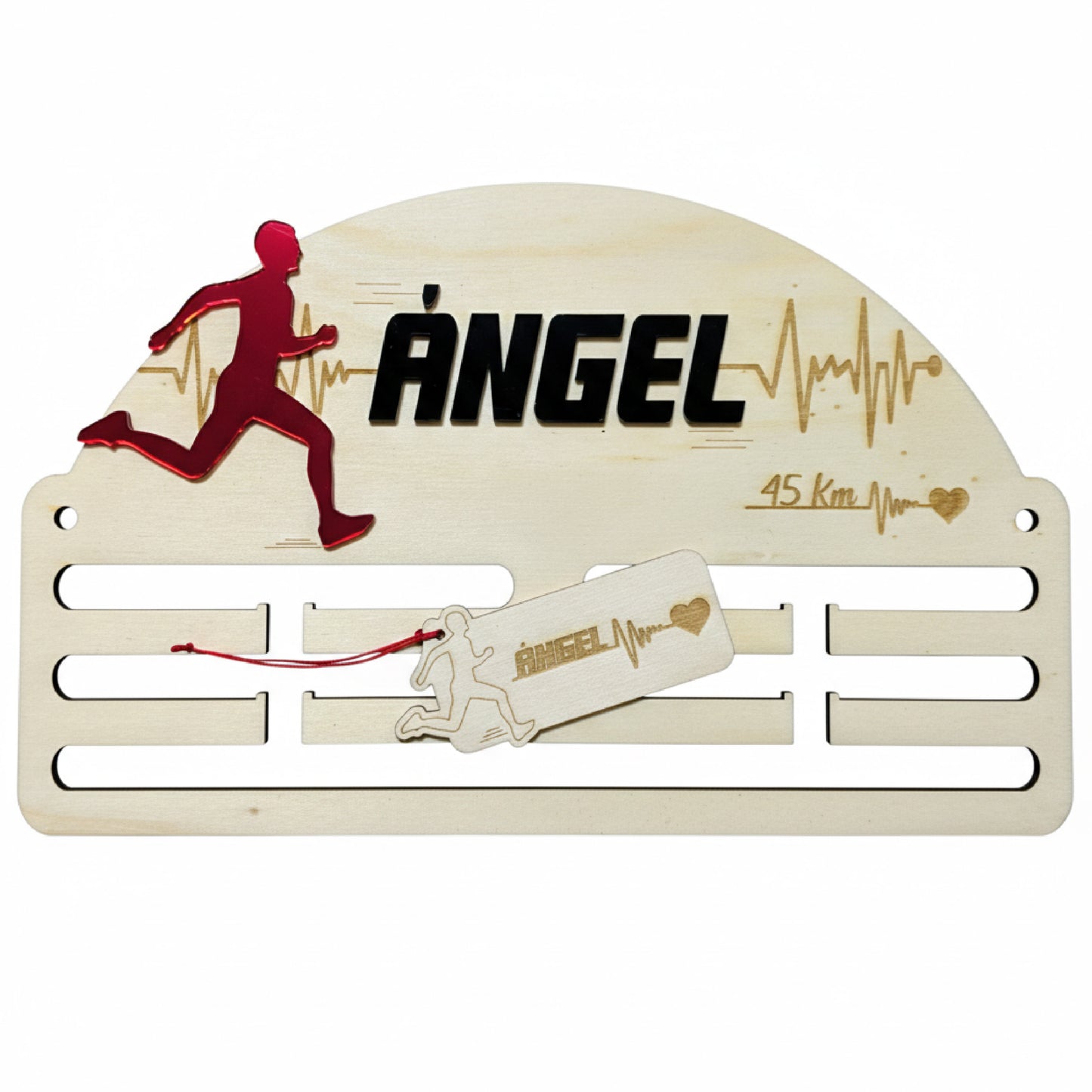 Medallero Running personalizado con nombre. Fabricado en madera y acrílico. Grabado con láser.