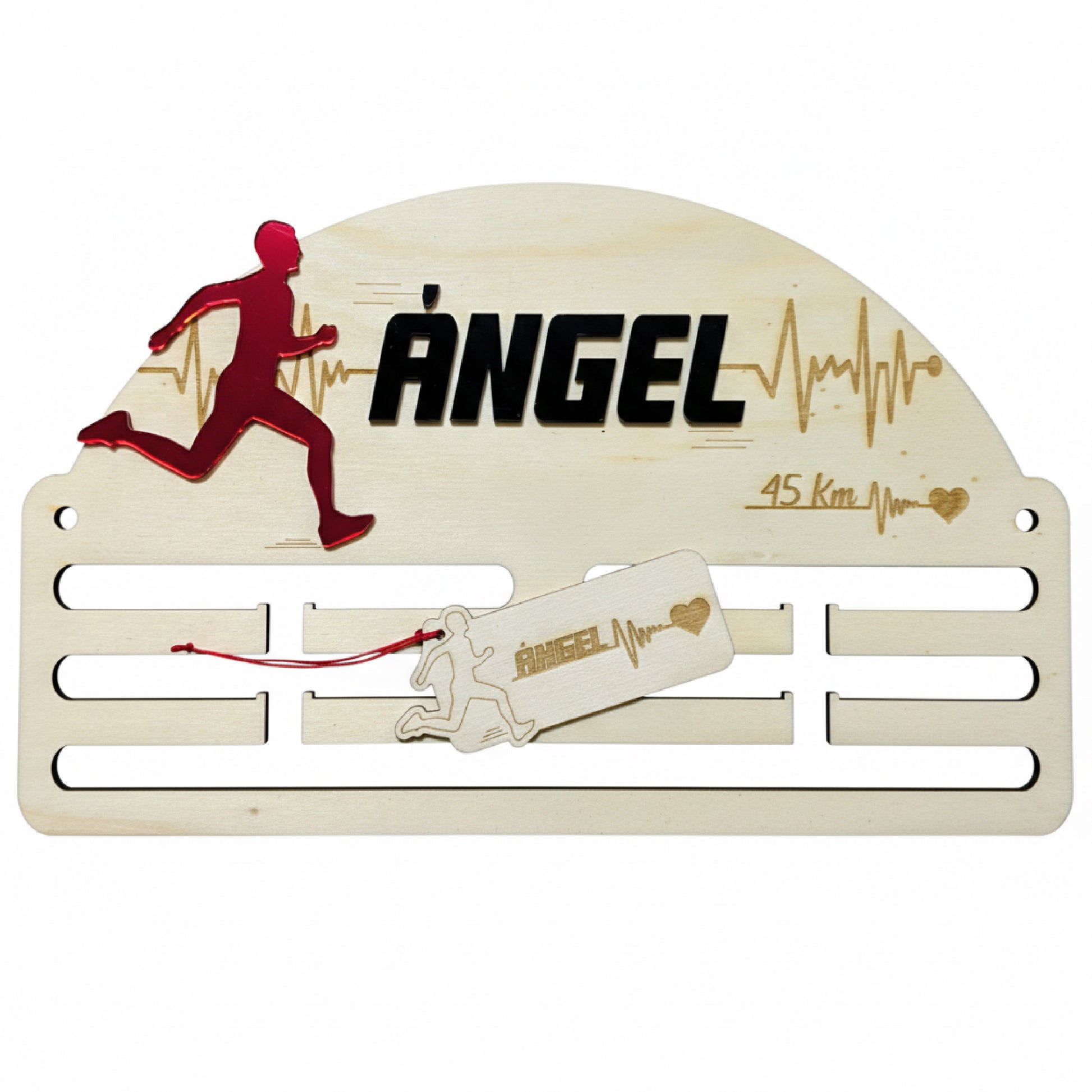 Medallero Running personalizado con nombre. Fabricado en madera y acrílico. Grabado con láser.