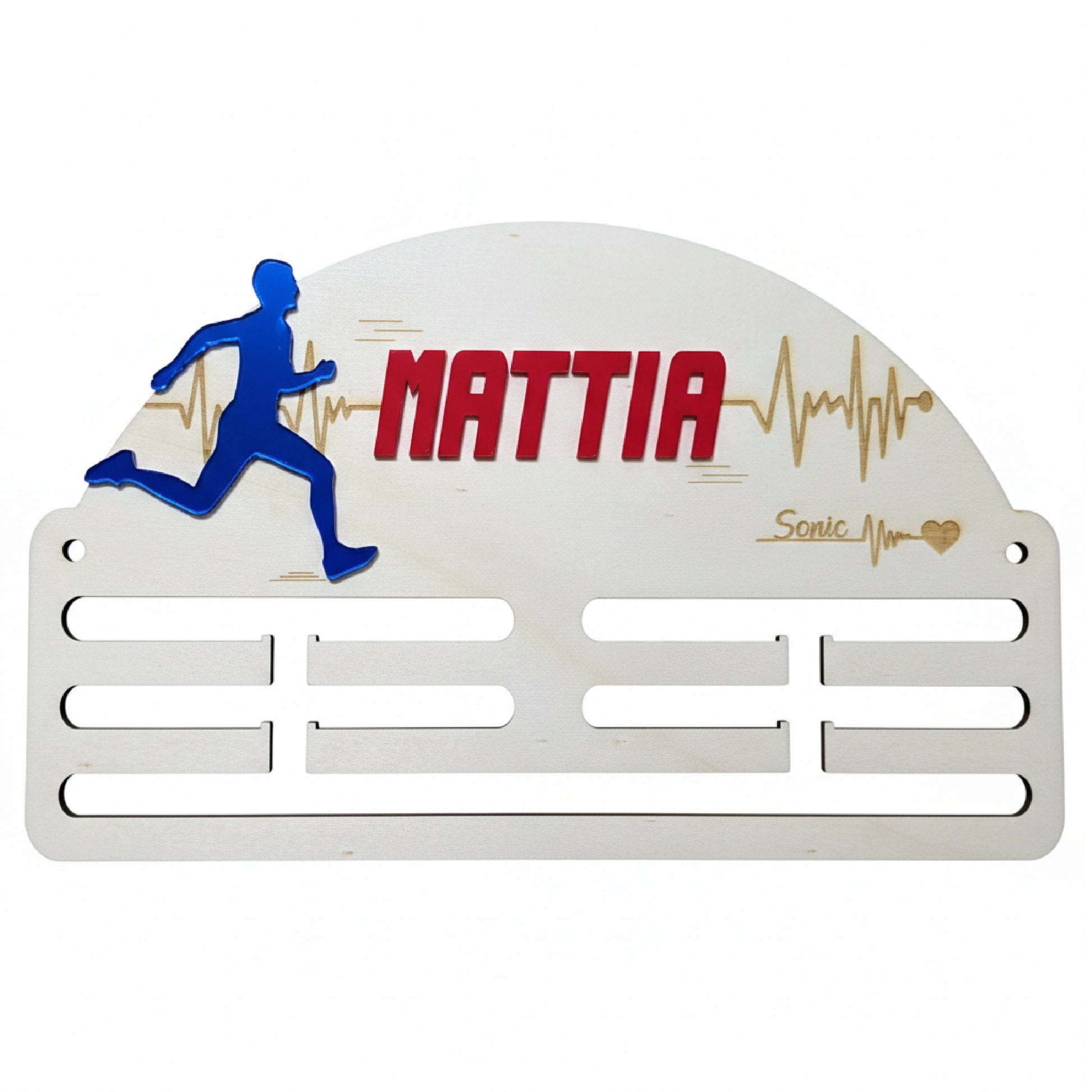 Medallero Running personalizado con nombre. Fabricado en madera y acrílico. Grabado con láser.