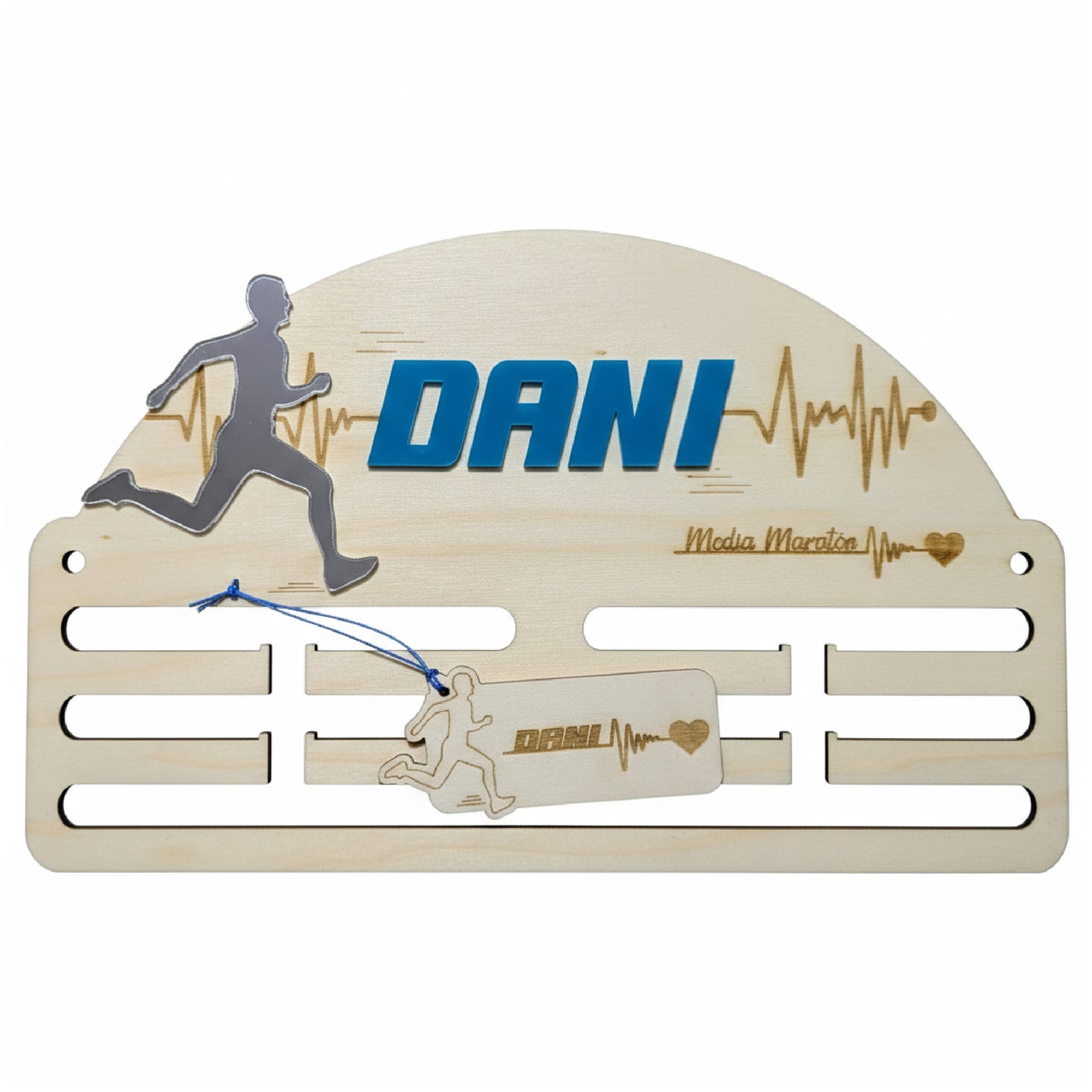 Medallero Running personalizado con nombre. Fabricado en madera y acrílico. Grabado con láser.