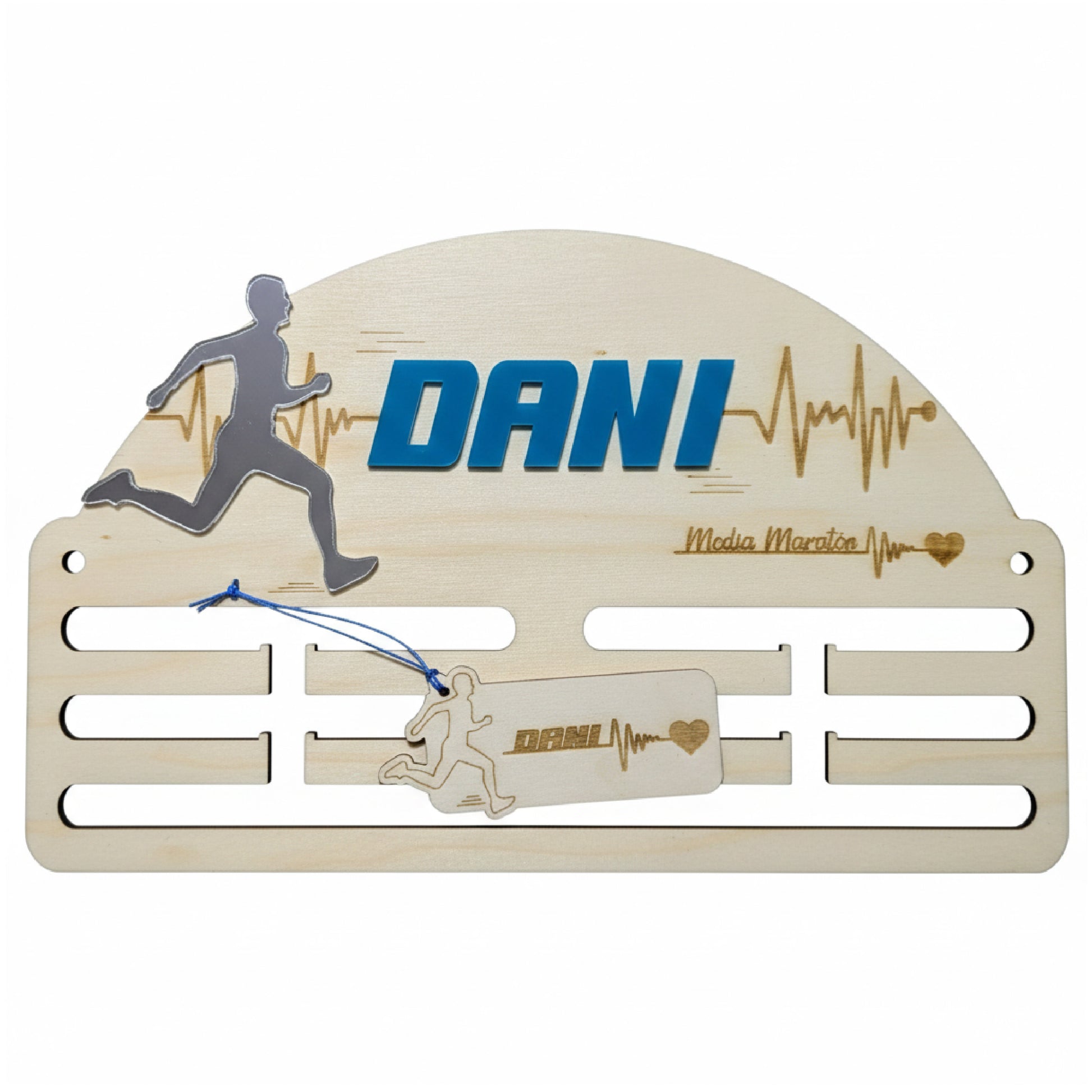 Medallero Running personalizado con nombre. Fabricado en madera y acrílico. Grabado con láser.