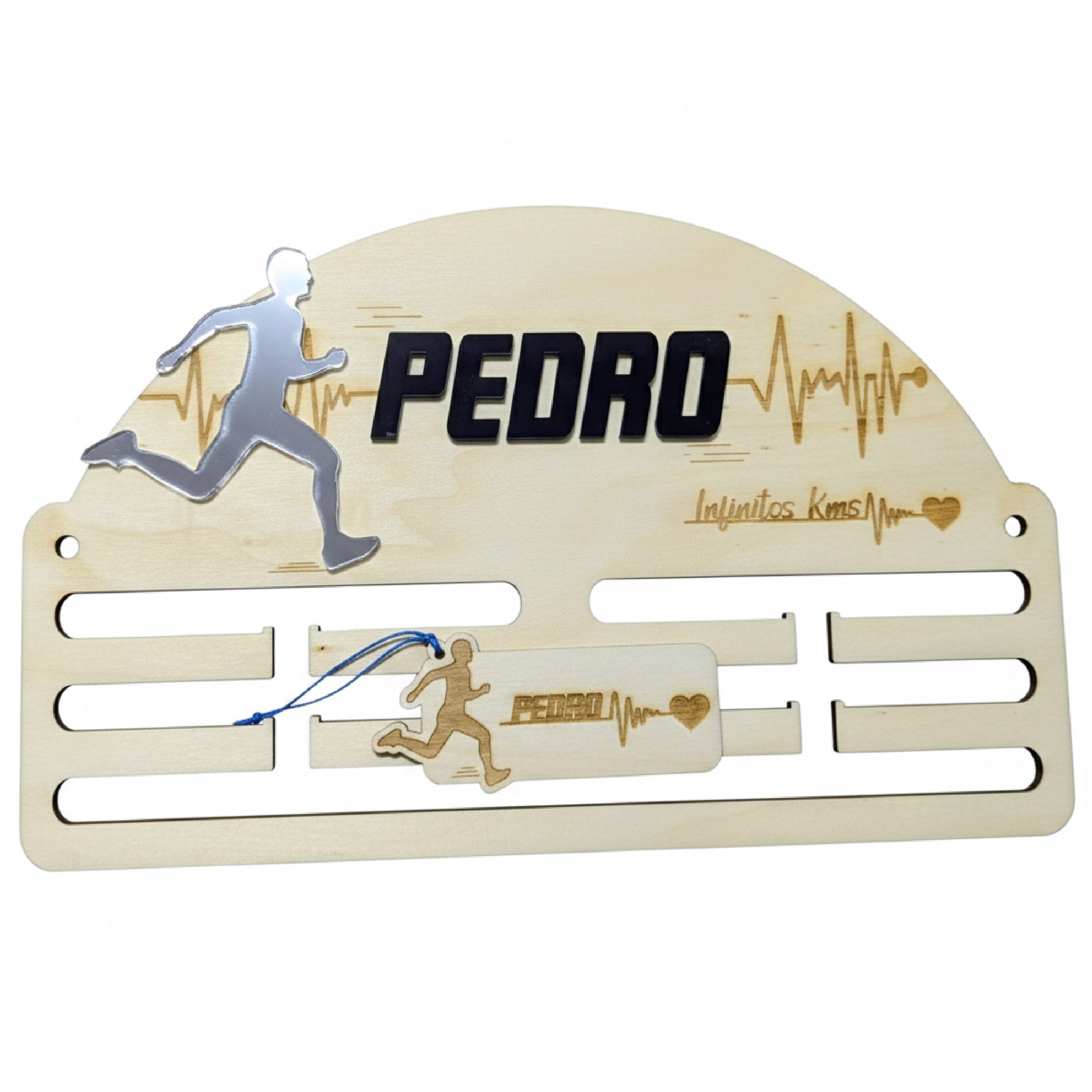Medallero Running de madera y acrílico personalizado con nombre y distancia.