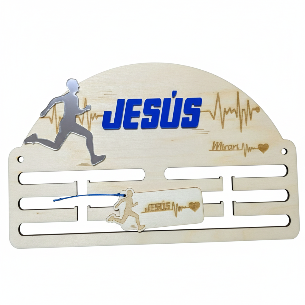 Medallero Running personalizado con nombre. Fabricado en madera y acrílico. Grabado con láser.