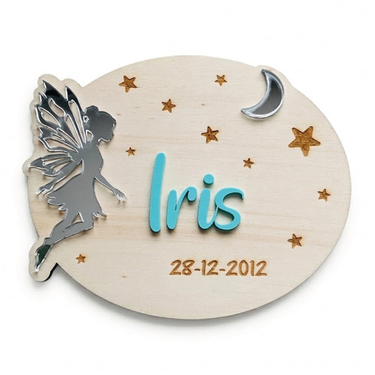 Natalicio Niña Hada y Luna, natalicio de madera y acrílico, natalicios de niña, regalos para recién nacidos, natalicio de niña personalizado con nombre y fecha nacimiento, natalicio de niña personalizado, natalicio chica personalizado,